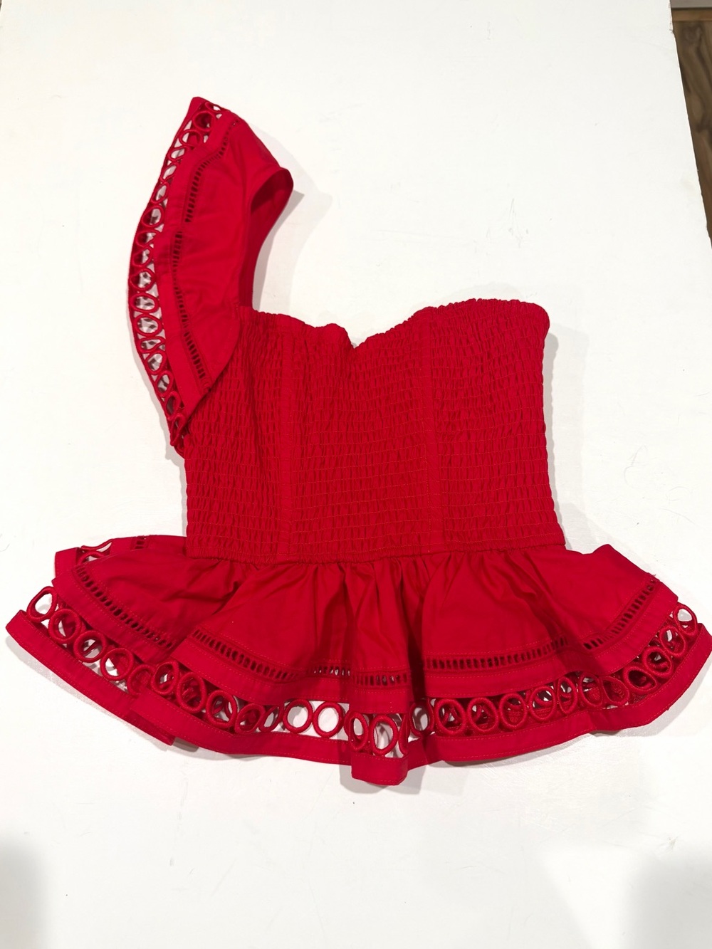 Lovers + Friends Red One Shoulder Smocked Ruffle Eyelet Top XS